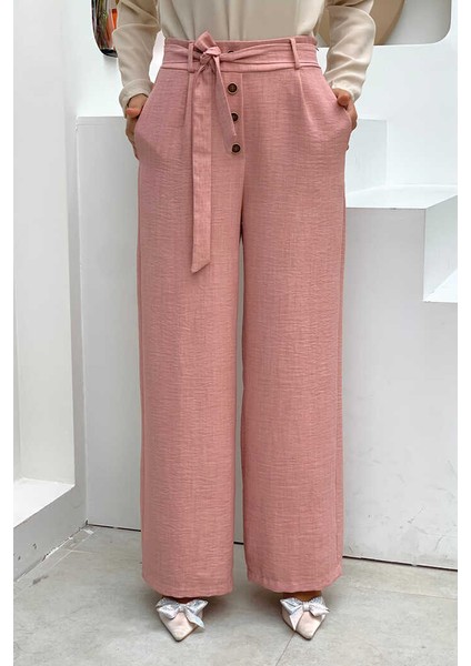 Bym Düğme Detaylı Bel Bağlamalı Cepli Bol Pantolon 0275 Gül Kurusu