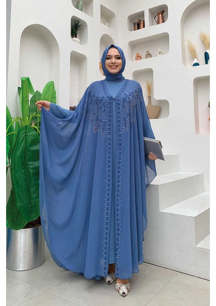 Bym Fashion Bym Taş Işlemeli Şifon Pelerinli Elbise Abiye Takım 3772 Indigo