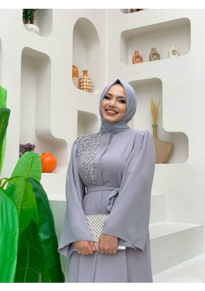 Bym Omuz Taş Işlemeli Bel Bağlamalı Ferace 7805 Gri