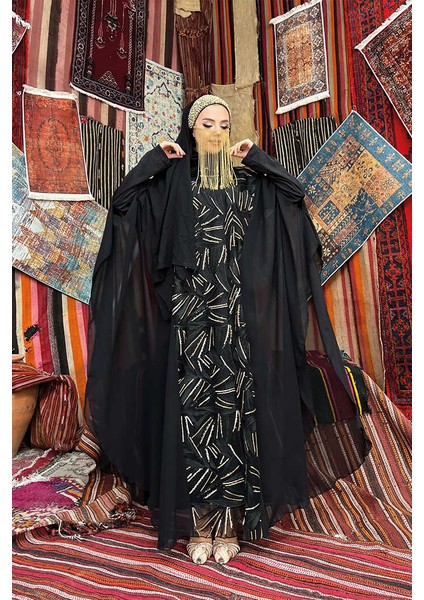 Bym Şifon Pul Payet Işlemeli Pelerinli Elbise Abiye Takım 3775 Siyah