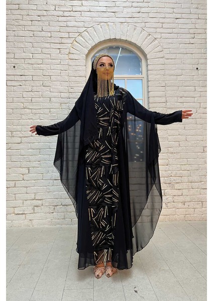 Bym Şifon Pul Payet Işlemeli Pelerinli Elbise Abiye Takım 3775 Siyah modelleri