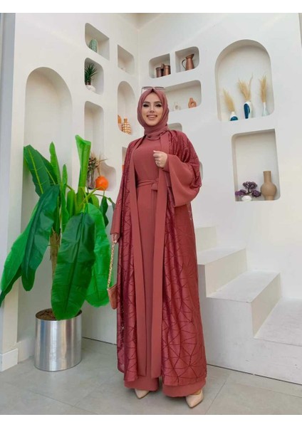 Bym Dantel Abaya Bel Kuşaklı Cep Detaylı Tulum Takım 3782 Gül Kurusu