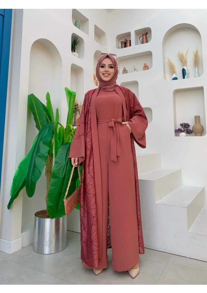 Bym Dantel Abaya Bel Kuşaklı Cep Detaylı Tulum Takım 3782 Gül Kurusu fiyatları