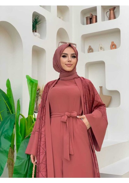 Bym Dantel Abaya Bel Kuşaklı Cep Detaylı Tulum Takım 3782 Gül Kurusu fırsatları
