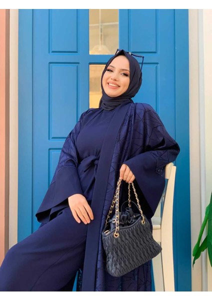 Bym Dantel Abaya Bel Kuşaklı Cep Detaylı Tulum Takım 3782 Lacivert