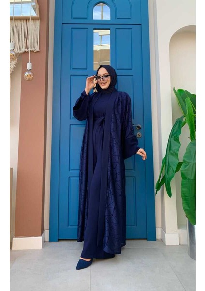 Bym Dantel Abaya Bel Kuşaklı Cep Detaylı Tulum Takım 3782 Lacivert fiyatları