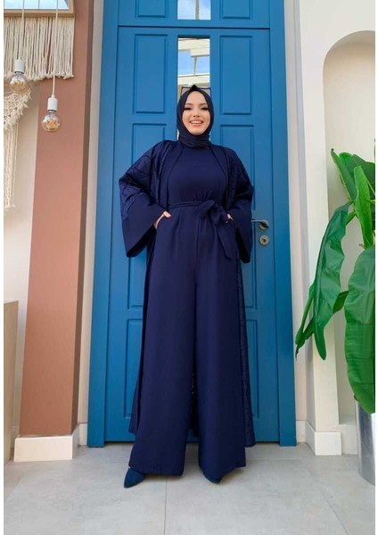 Bym Dantel Abaya Bel Kuşaklı Cep Detaylı Tulum Takım 3782 Lacivert modelleri