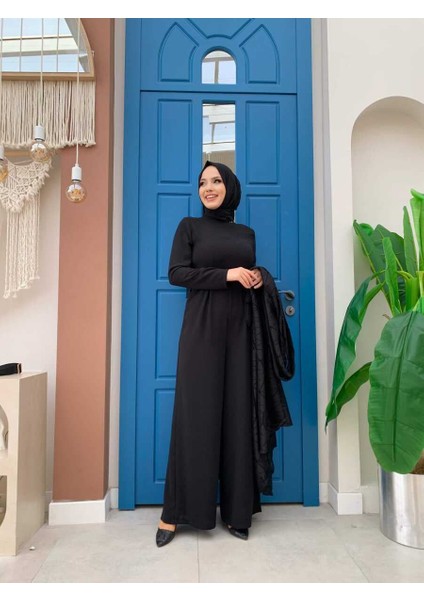 Bym Dantel Abaya Bel Kuşaklı Cep Detaylı Tulum Takım 3782 Siyah