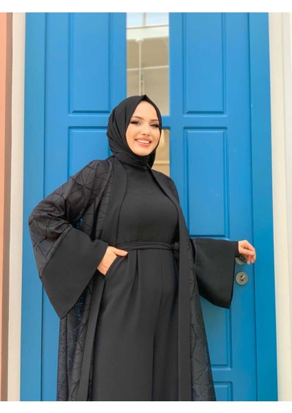 Bym Dantel Abaya Bel Kuşaklı Cep Detaylı Tulum Takım 3782 Siyah fırsatları