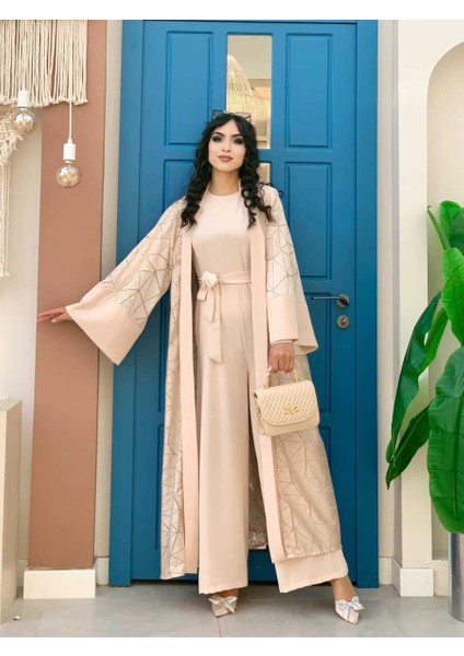 Bym Dantel Abaya Bel Kuşaklı Cep Detaylı Tulum Takım 3782 Taş