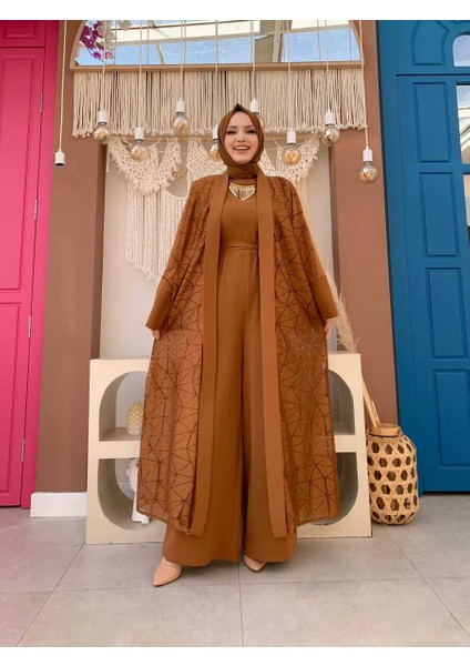 Bym Dantel Abaya Bel Kuşaklı Cep Detaylı Tulum Takım 3782 Taba