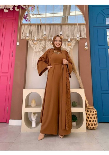 Bym Dantel Abaya Bel Kuşaklı Cep Detaylı Tulum Takım 3782 Taba fiyatları