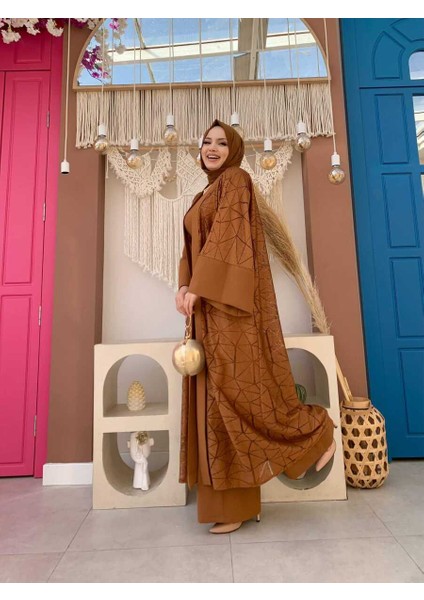 Bym Dantel Abaya Bel Kuşaklı Cep Detaylı Tulum Takım 3782 Taba modelleri