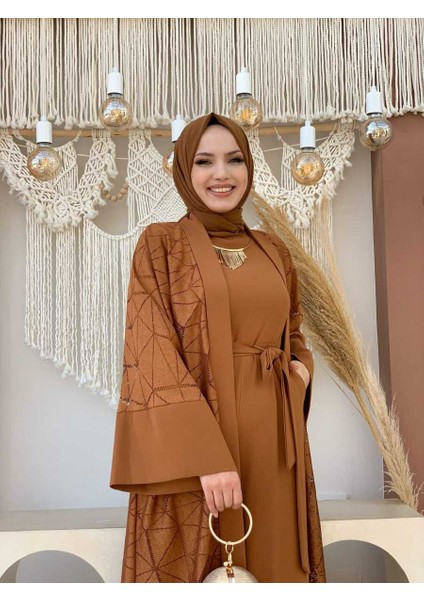Bym Dantel Abaya Bel Kuşaklı Cep Detaylı Tulum Takım 3782 Taba fırsatları