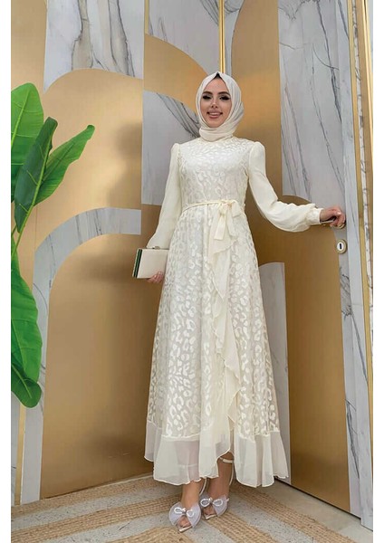 Bym Dantel Görünümlü Şifon Fırfır Detay Elbise 3783 Ekru fiyatları