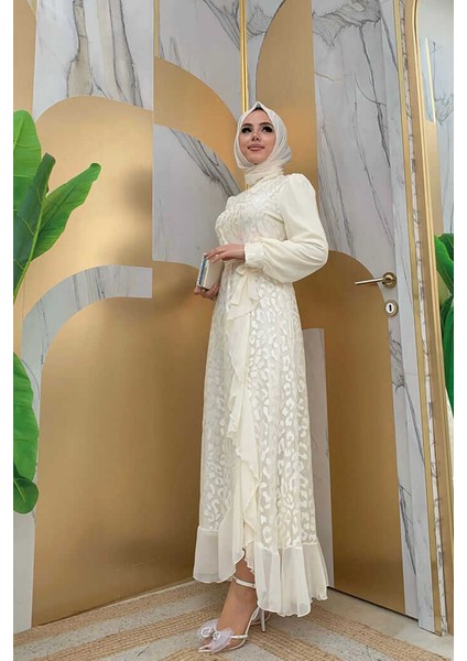 Bym Dantel Görünümlü Şifon Fırfır Detay Elbise 3783 Ekru modelleri