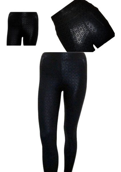 Siyah Kadın Deri Baskılı Fermuar Detaylı Cepli Pantolon Tayt EDY161 modelleri