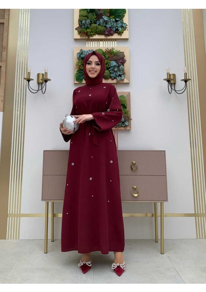 Bym Taş Detaylı Bel Kuşaklı Elbise 3797 Bordo