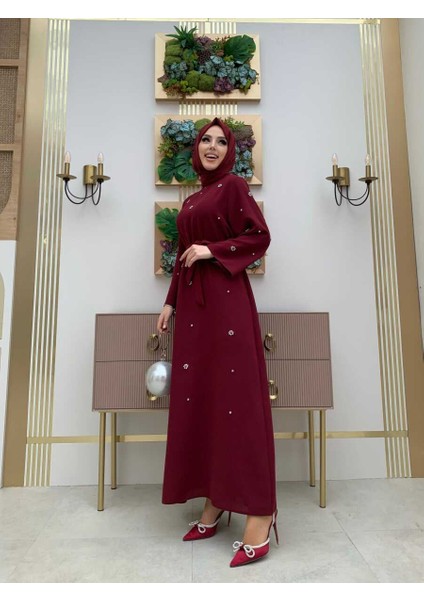 Bym Taş Detaylı Bel Kuşaklı Elbise 3797 Bordo