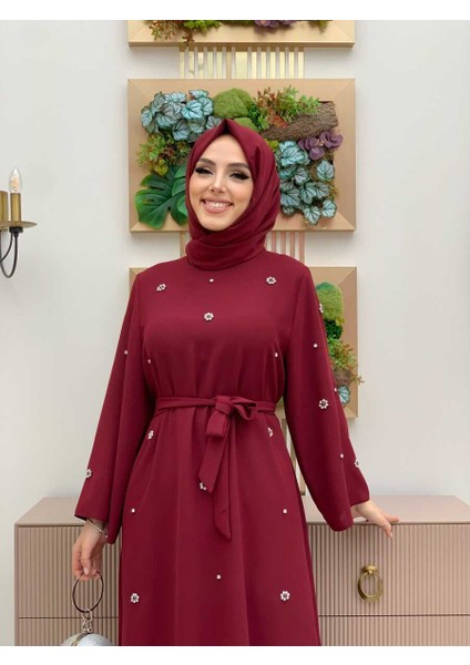 Bym Taş Detaylı Bel Kuşaklı Elbise 3797 Bordo