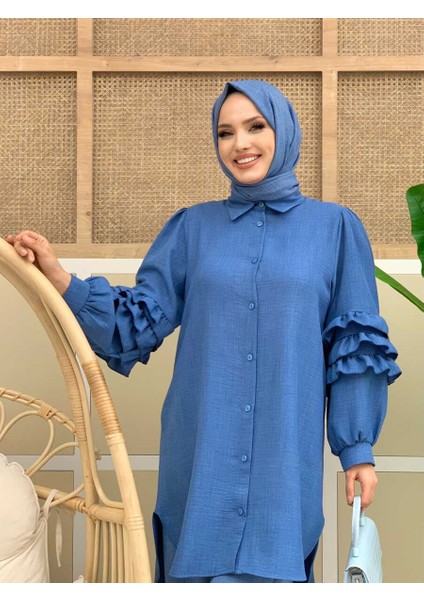 Bym Fashion Bym Kol Fırfır Detay Boydan Düğmeli Tunik 2713 Indigo