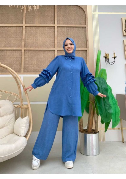 Bym Fashion Bym Kol Fırfır Detay Boydan Düğmeli Tunik 2713 Indigo