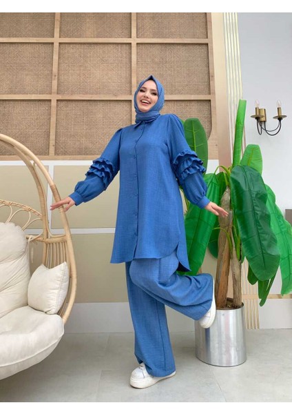 Bym Fashion Bym Kol Fırfır Detay Boydan Düğmeli Tunik 2713 Indigo