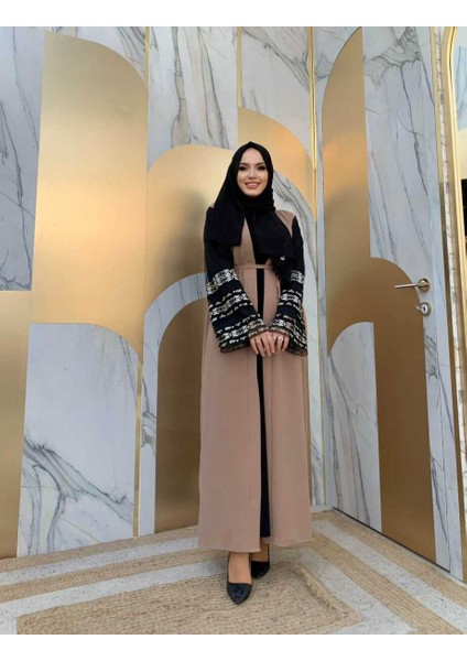 Bym Kol Işlemeli Bel Kuşaklı Abaya 7814 Vizon