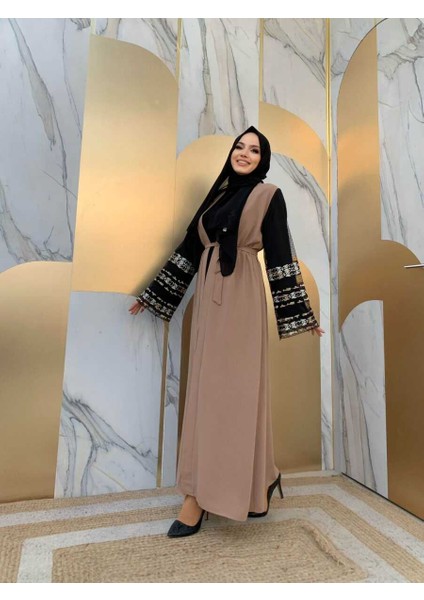 Bym Kol Işlemeli Bel Kuşaklı Abaya 7814 Vizon