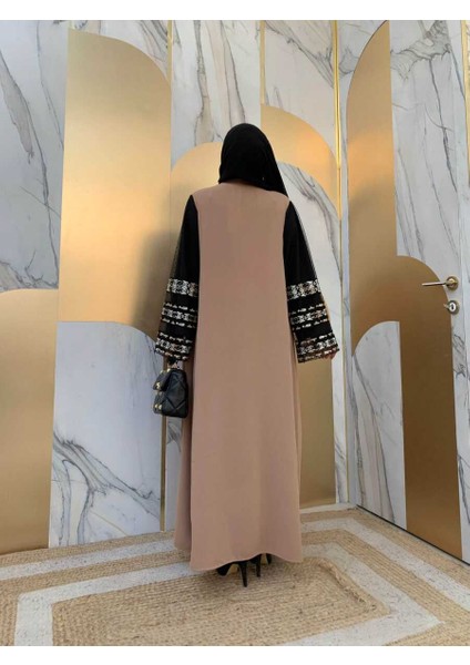 Bym Kol Işlemeli Bel Kuşaklı Abaya 7814 Vizon