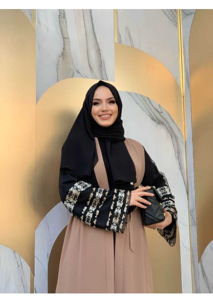 Bym Kol Işlemeli Bel Kuşaklı Abaya 7814 Vizon