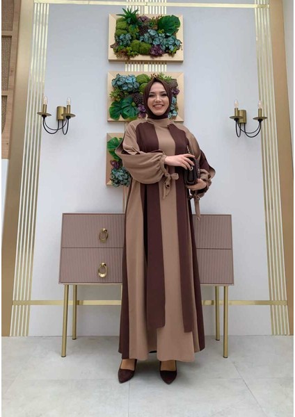 Bym Iki Renkli Parça Detay Balonkol Görünümlü Elbise 3799 Kahverengi