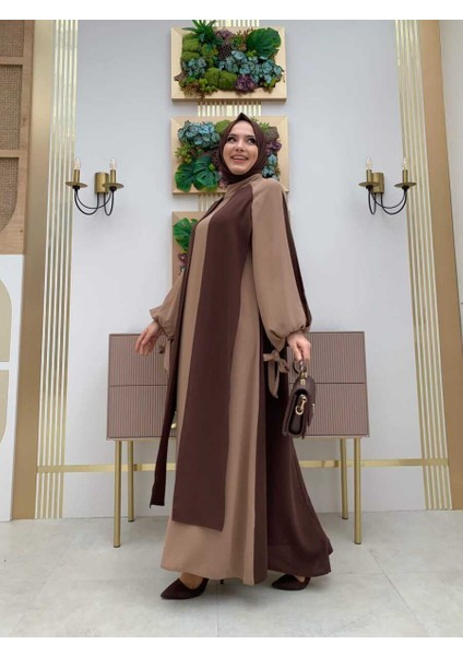 Bym Iki Renkli Parça Detay Balonkol Görünümlü Elbise 3799 Kahverengi fiyatları