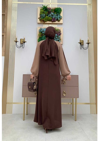 Bym Iki Renkli Parça Detay Balonkol Görünümlü Elbise 3799 Kahverengi modelleri