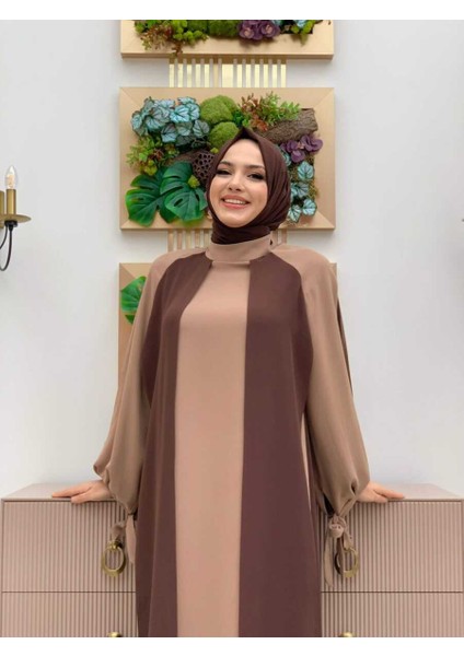 Bym Iki Renkli Parça Detay Balonkol Görünümlü Elbise 3799 Kahverengi fırsatları