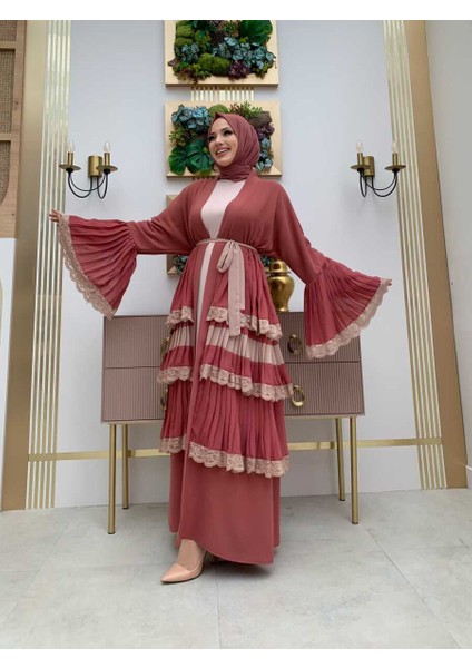 Bym Kol Manşetleri ve Eteği Kat Kat Dantel Görünümlü Abaya 7807 Gül Kurusu