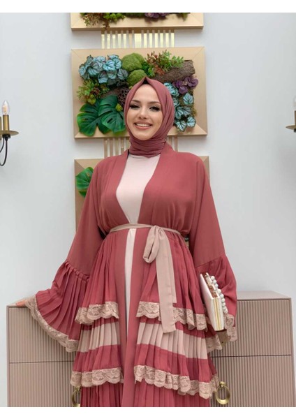 Bym Kol Manşetleri ve Eteği Kat Kat Dantel Görünümlü Abaya 7807 Gül Kurusu