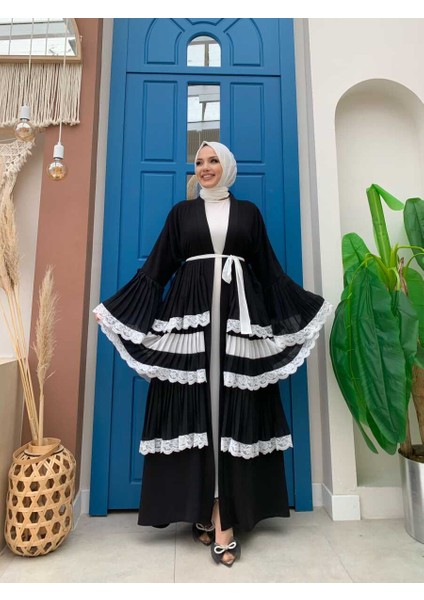 Bym Fashion Bym Kol Manşetleri ve Eteği Kat Kat Dantel Görünümlü Abaya 7807 Siyah