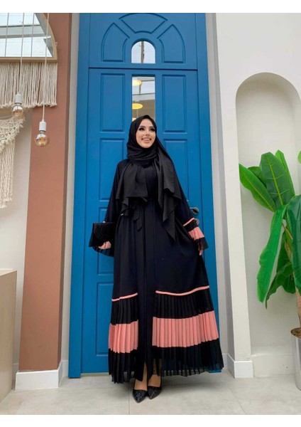 Bym Kol ve Etek Ucu Iki Renkli Bel Kuşaklı Piliseli Abaya 7454 Siyah-Pudra