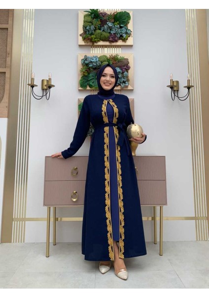 Bym Bel Kuşaklı Boncuk Işlemeli Abaya 7821 Lacivert