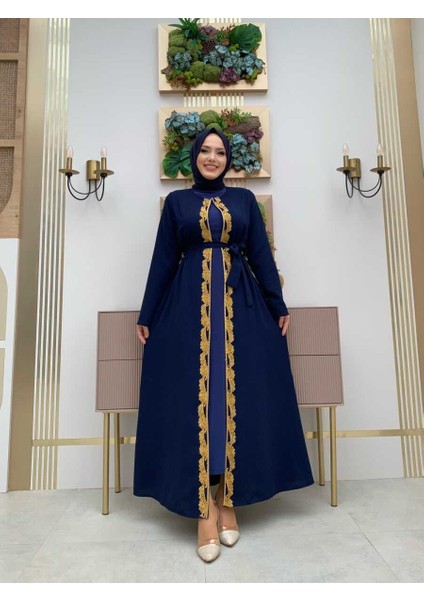 Bym Bel Kuşaklı Boncuk Işlemeli Abaya 7821 Lacivert