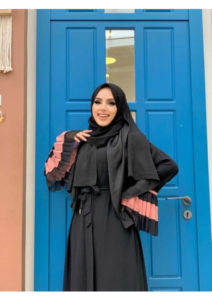 Bym Kol ve Etek Ucu Iki Renkli Bel Kuşaklı Piliseli Abaya 7454 Siyah-Pudra