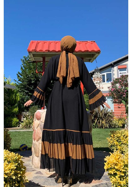 Bym Kol ve Etek Ucu Iki Renkli Bel Kuşaklı Piliseli Abaya 7454 Siyah-Taba