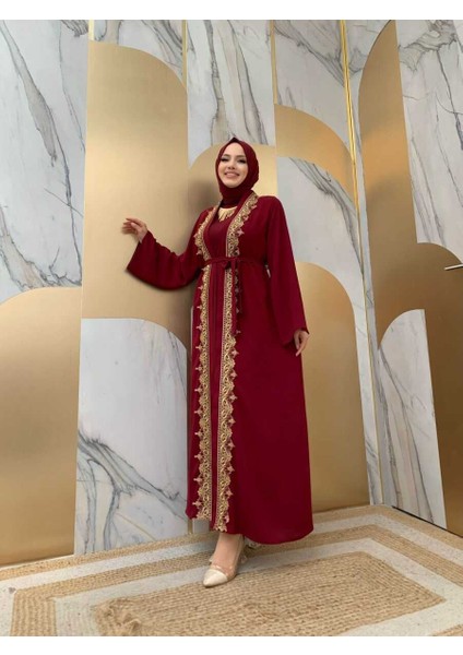 Bym Önü Boydan Güpür Işlemeli Bel Bağlamalı Düz Ferace 7820 Bordo
