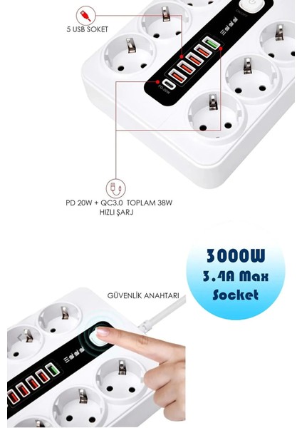 Akım Korumalı 6'lı Grup Priz, 5'li USB Şarj,1 Adet Type-C Şarj Girişi, 2 M KABLO,3000W (Beyaz) fiyatları