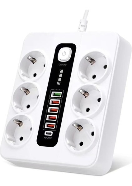 Akım Korumalı 6'lı Grup Priz, 5'li USB Şarj,1 Adet Type-C Şarj Girişi, 2 M KABLO,3000W (Beyaz)
