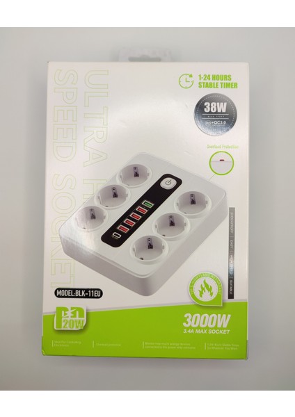 Akım Korumalı 6'lı Grup Priz, 5'li USB Şarj,1 Adet Type-C Şarj Girişi, 2 M KABLO,3000W (Beyaz) modelleri