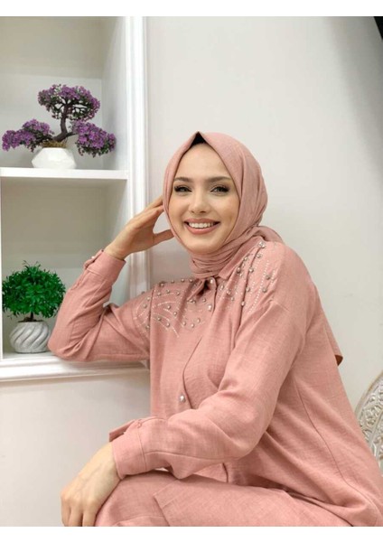 Bym Omuz Taş Işlemeli Düğmeli Tunik ve Pantolon Takım 8430 Pudra fırsatları