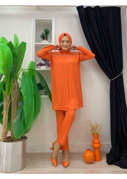 Bym Omuz Taş Işlemeli Düğmeli Tunik ve Pantolon Takım 8430 Oranj