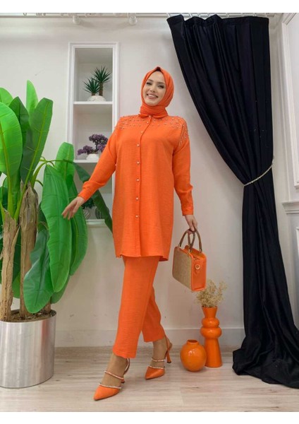 Bym Omuz Taş Işlemeli Düğmeli Tunik ve Pantolon Takım 8430 Oranj fiyatları